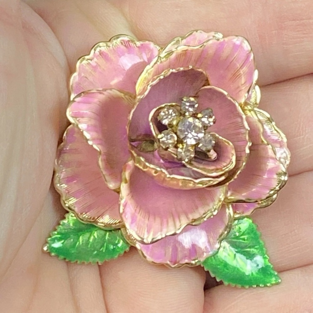 Vintage Enamel Open Rose Brooch Goldtone Pink Green 2-1/8"
